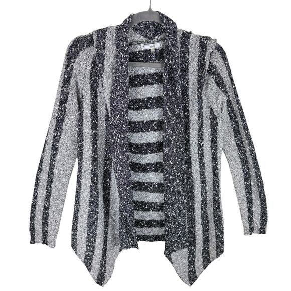 Sioni Gray Striped Long Sleeve Stretchy Loose Knit Asymmetrical Hem Open Cardi L - Picture 1 of 5